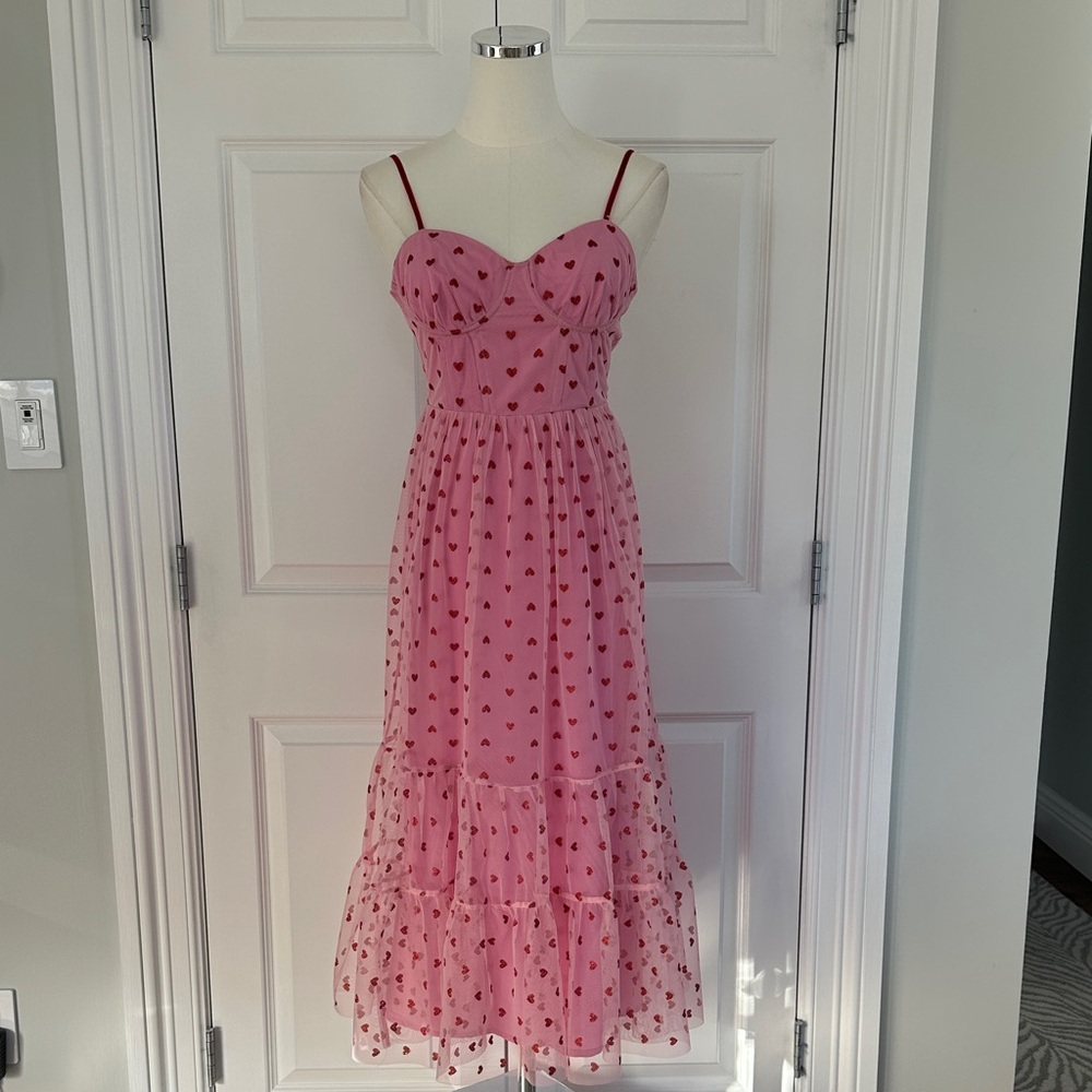Betsey Johnson Pink Red Heart Valentine’s Day Tulle Bustier Midi Dress Size 2